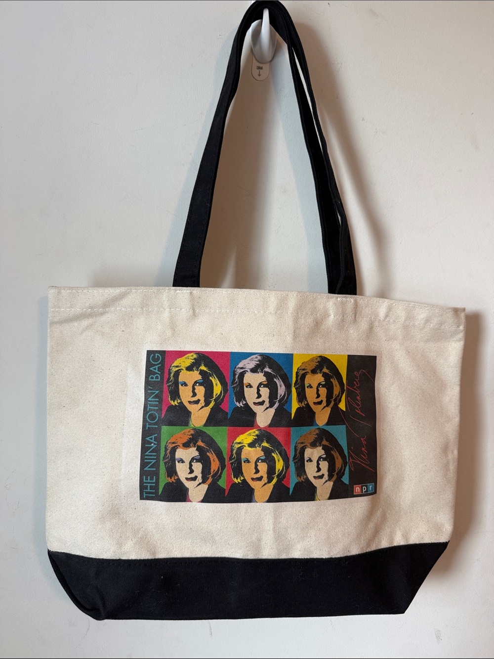 NPR Nina Totin Tote Canvas Pop-Art Cream Tote with Black Trim and Colorful Print